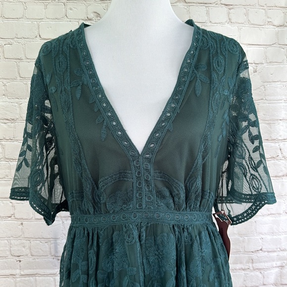 Haute Monde NWT Dark Teal Green Boho Lace Dress - Picture 4 of 13